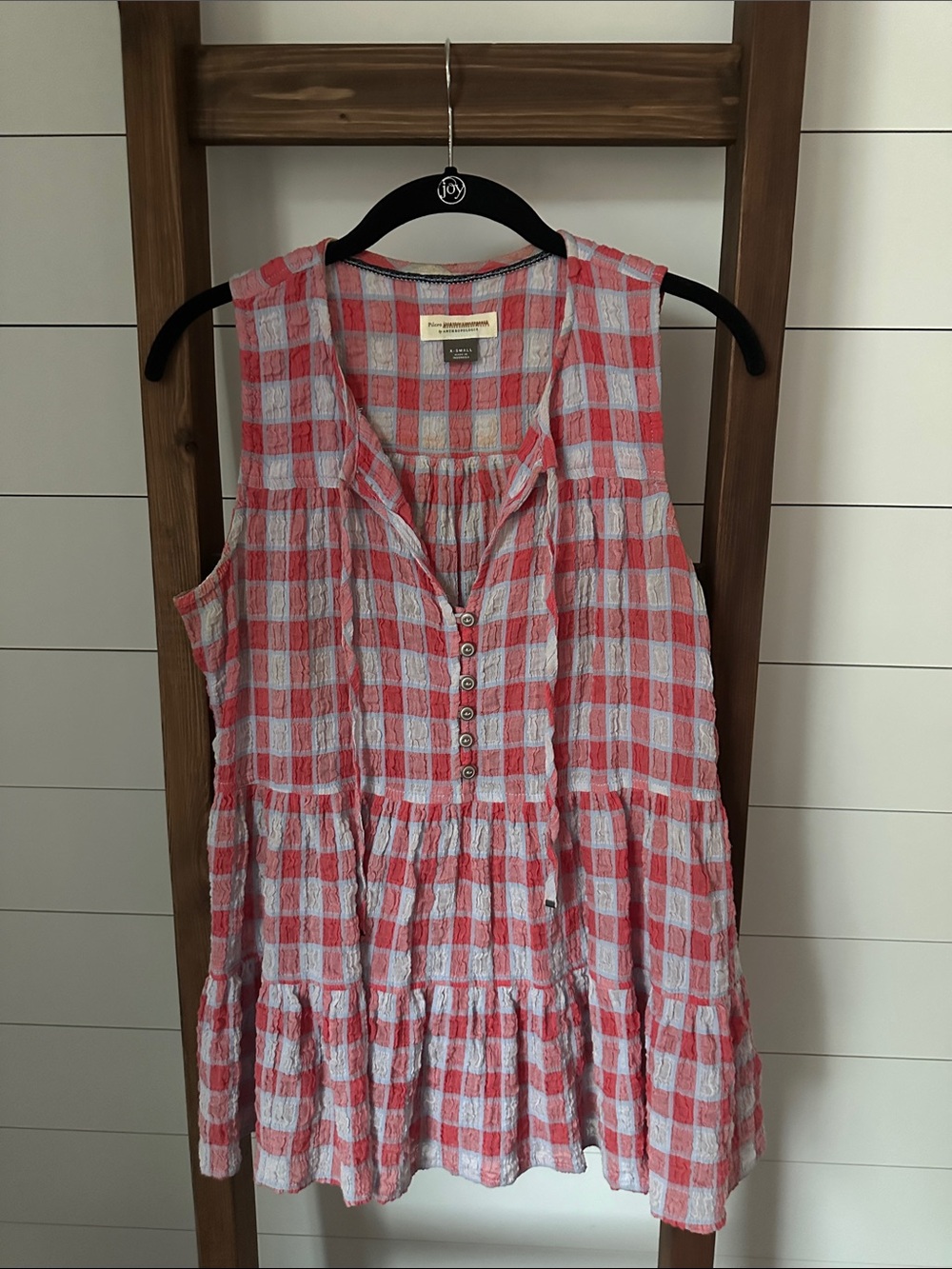 Anthropologie Coral and White Gingham Sleeveless Tunic